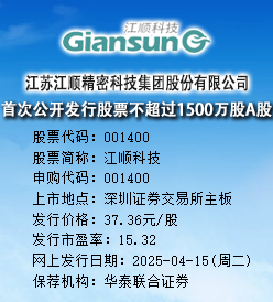 江顺科技今日申购 发行价格为37.36元/股