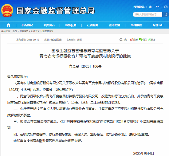 青岛农商行获批吸收合并青岛平度惠民村镇银行